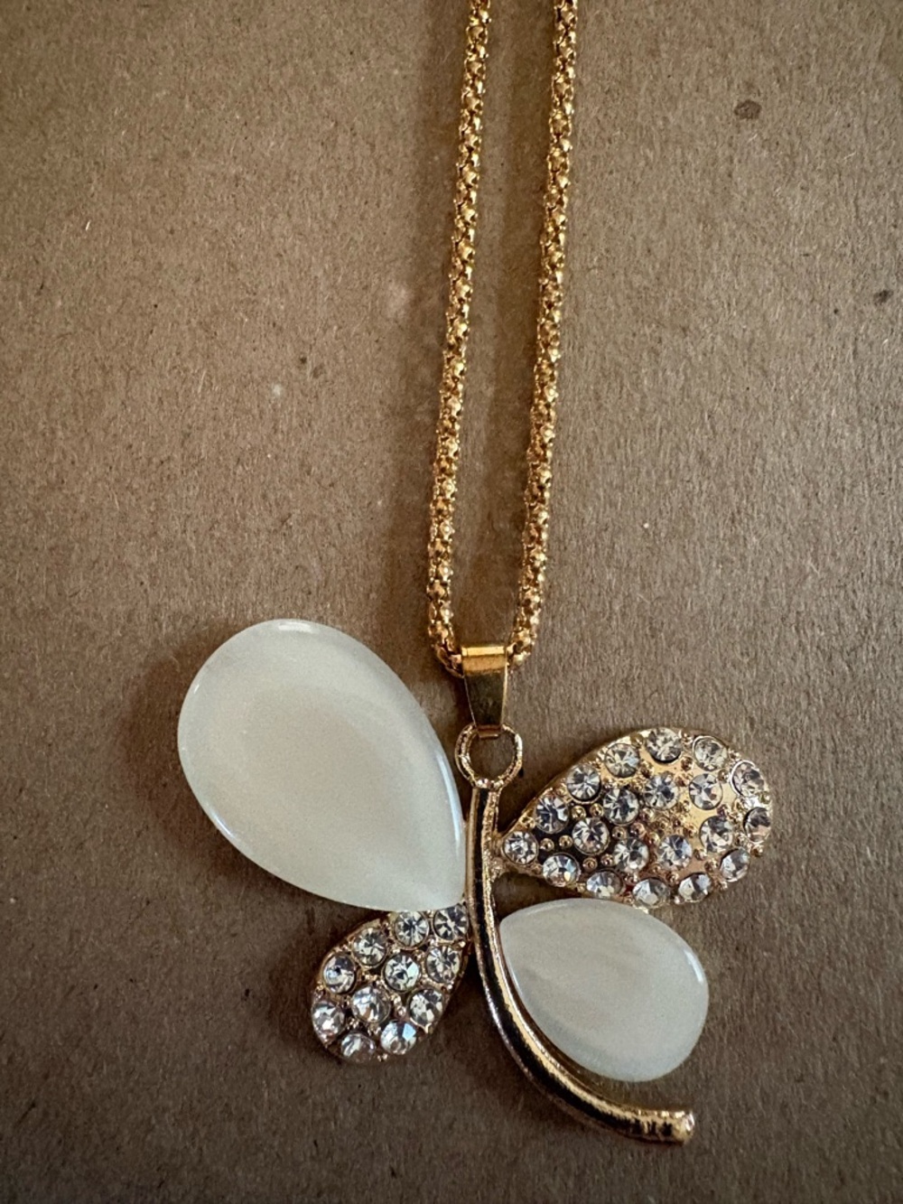 Gold Tone Butterfly Pendant Necklace with White Opal Wings